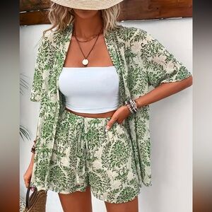 294. Green Patterned Rayon Short Sleeve Top and Shorts Set